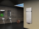 Badheizkörper Design Montevideo 2 (Glasfront) HxB: 120 x 47 cm, 799 Watt, weiß + 1 Handtuchhalter (50mm) (Marke: Szagato) Made in Germany / Top-verarbeiteter Bad und Wohnraum-Heizkörper mit Echtglas (Mittelanschluss) -