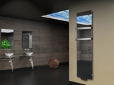 Badheizkörper Design Montevideo 3 (Spiegelglas) HxB: 180 x 47 cm, 1118 Watt, Spiegel + 2 Handtuchhalter (50mm) (Marke: Szagato) Made in Germany / Top-verarbeiteter Bad und Wohnraum-Heizkörper mit Spiegel (Mittelanschluss) -