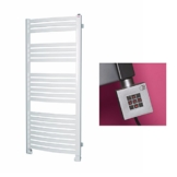 Elektro Badheizkörper 582 Watt (H x B) 1220 x 500mm - weiss gebogen - Anschluss Rechts - inkl. Heizpatrone 600 Watt mit 5 Heizstufen und 2h Timer - Fertig befüllt und betriebsbereit -