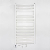 Elektro Badheizkörper 622 Watt (H x B) 1175 x 600mm - weiss gebogen - Anschluss Links - inkl. Heizpatrone 600 Watt mit 5 Heizstufen und 2h Timer - Fertig befüllt und betriebsbereit -