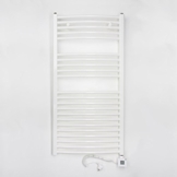 Elektro Badheizkörper 759 Watt (H x B) 1175 x 750mm - weiss gebogen - Anschluss Rechts - inkl. Heizpatrone 1000 Watt mit 5 Heizstufen und 2h Timer - Fertig befüllt und betriebsbereit -